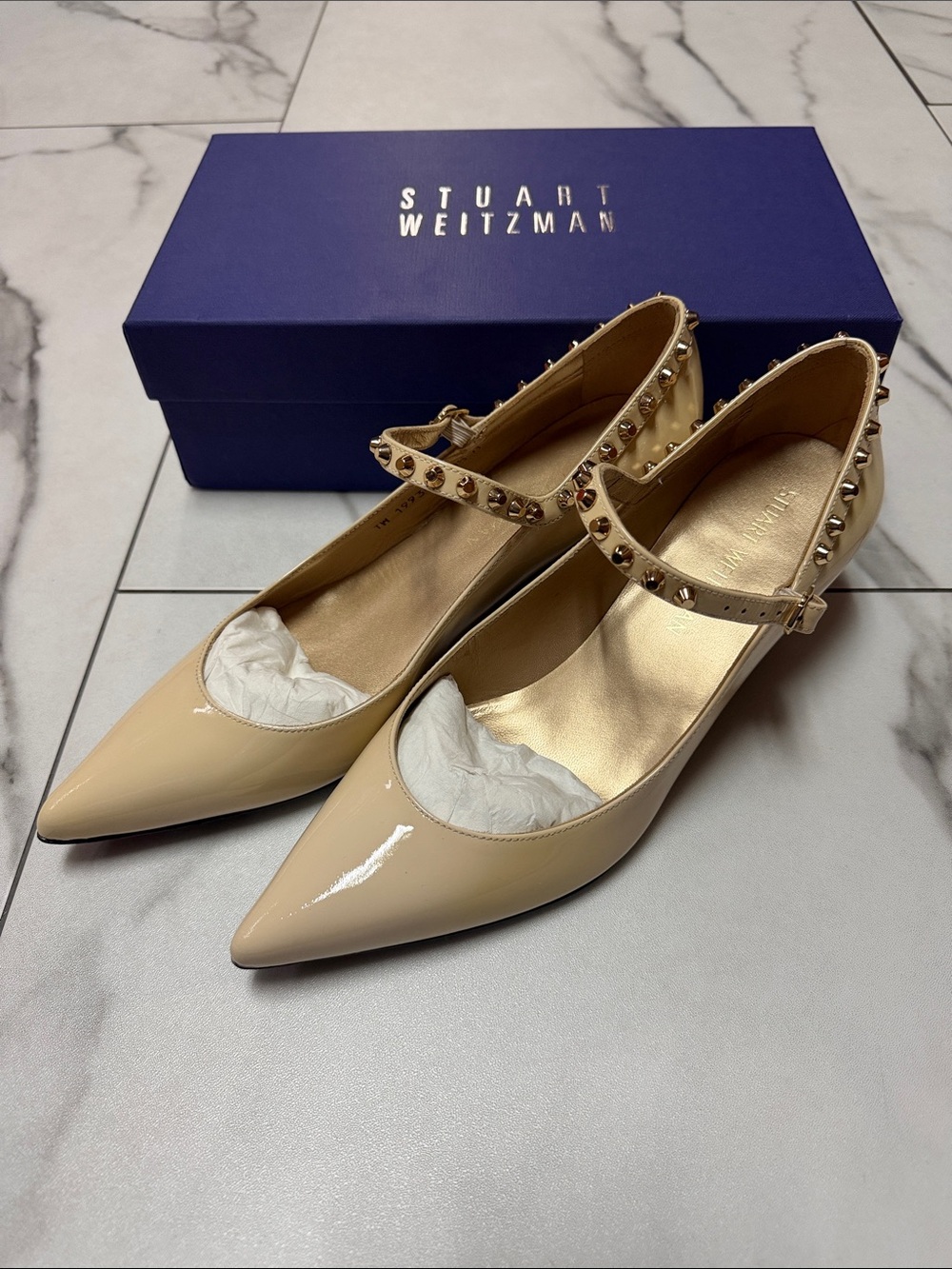 Stuart Weitzman Nude Patent Pointed Kitten Heel with Studded Ankle Strap 8.5